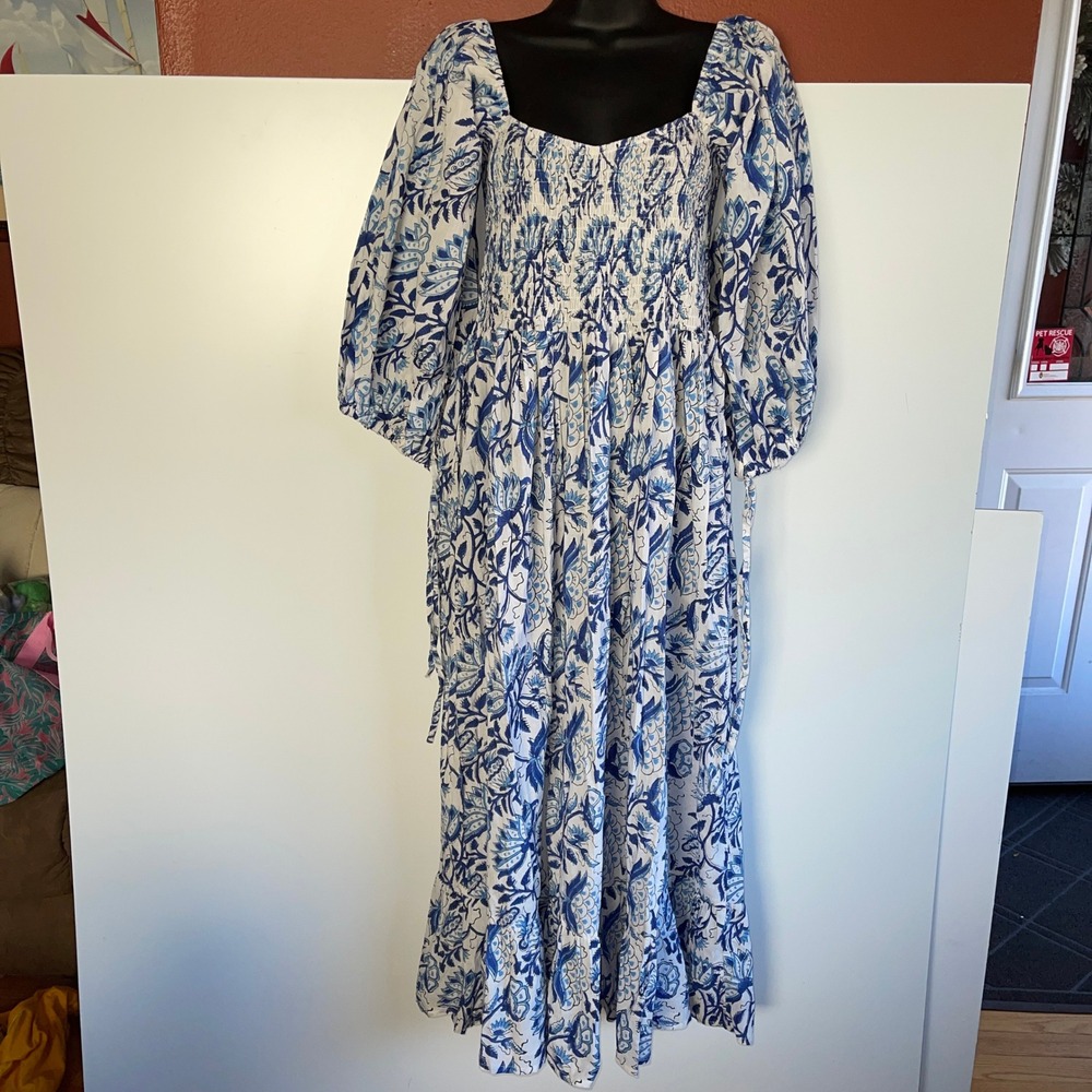 GROWKRATI Smocked Maxi Dress‎ Blue White Floral Print Square Neck Puff Sleeve M - Picture 7 of 8
